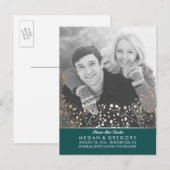ティール(緑がかった色)と金ゴールド | Baby's Breath Save the Date 案内ポストカード (正面/裏面)