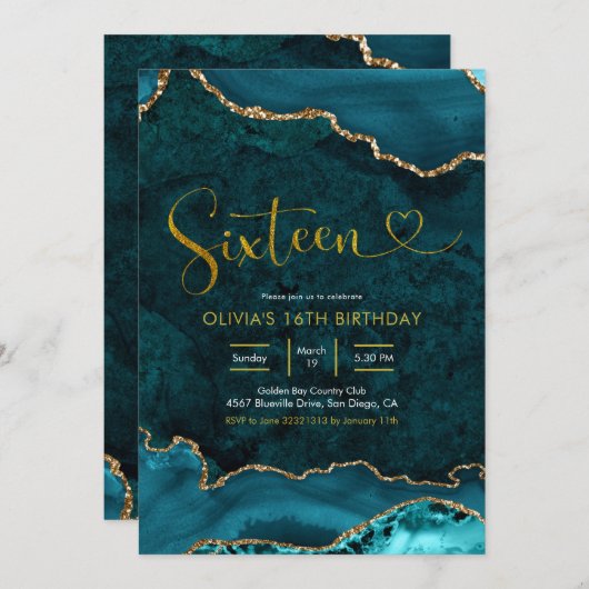 ティール(緑がかった色)と金ゴールドAgate第16誕生日招待状 招待状 (正面/裏面)