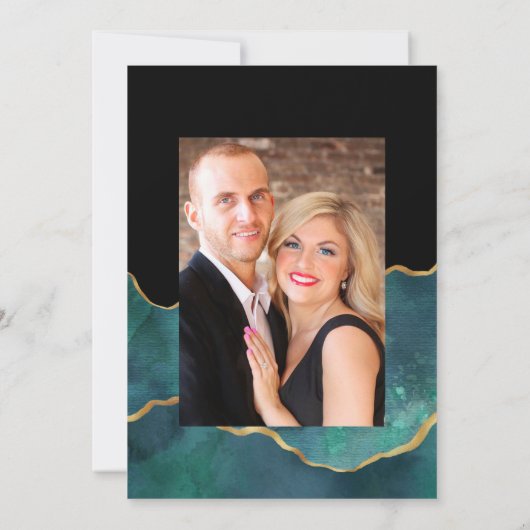 ティール（緑がかった色）と金ゴールドGeode Agate Virtual結婚の写真 招待状 (裏面)