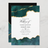 ティール（緑がかった色）と金ゴールドGeode Agate Virtual結婚の写真 招待状 (正面/裏面)