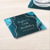 ティール(緑がかった色)と銀アガテマーブル誕生日 スクエアペーパーコースター (アングル)