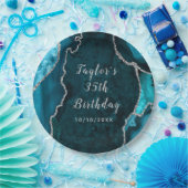 ティール(緑がかった色)と銀アガテマーブル誕生日 ペーパープレート (パーティー)