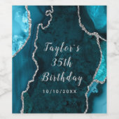 ティール（緑がかった色）と銀アガテマーブル誕生日 ワインラベル (シングルラベル)