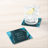 ティール(緑がかった色)と銀アガテマーブルSweet sixteen スクエアペーパーコースター (インサイチュ)