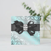 ティール(緑がかった色)と銀エレガント招待状とボウ 招待状 (スタンド正面)