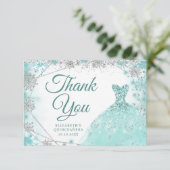 ティール（緑がかった色）と銀スノーフレーク冬のMis XV Anos サンキューカード (スタンド正面)