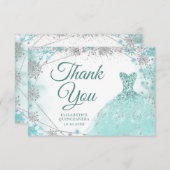 ティール（緑がかった色）と銀スノーフレーク冬のMis XV Anos サンキューカード (正面/裏面)
