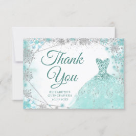 ティール（緑がかった色）と銀スノーフレーク冬のMis XV Anos サンキューカード