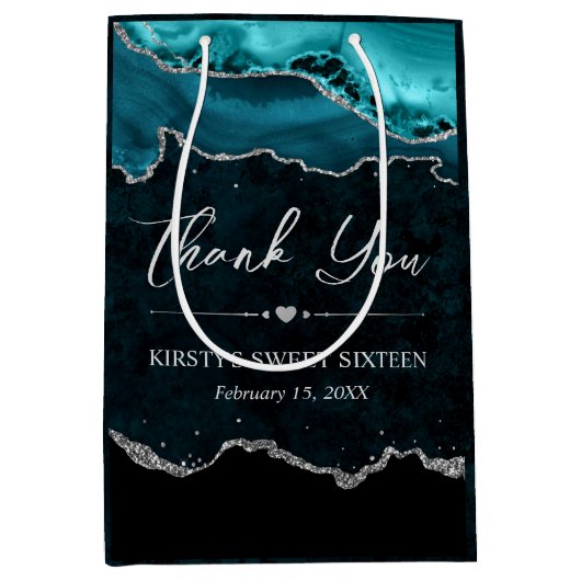 ティール（緑がかった色）と銀フェイクグリッターアガテスウィート16 ミディアムペーパーバッグ (正面)