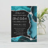 ティール（緑がかった色）と銀フェイクグリッターアガテスウィート16 招待状 (スタンド正面)