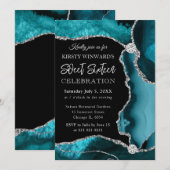 ティール（緑がかった色）と銀フェイクグリッターアガテスウィート16 招待状 (正面/裏面)