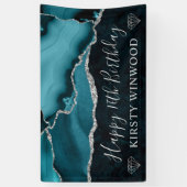 ティール（緑がかった色）と銀フェイクグリッターアゲートマーブルスウィート16 横断幕 (縦)