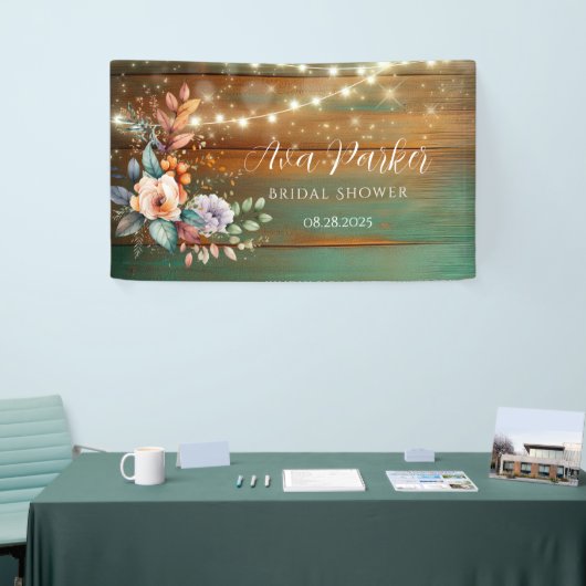 ティール（緑がかった色）と銅木材フローラライトブライダルシャワー 横断幕 (トレードショー)