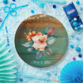 ティール（緑がかった色）と銅木材フローラライト結婚ズ ペーパープレート (パーティー)