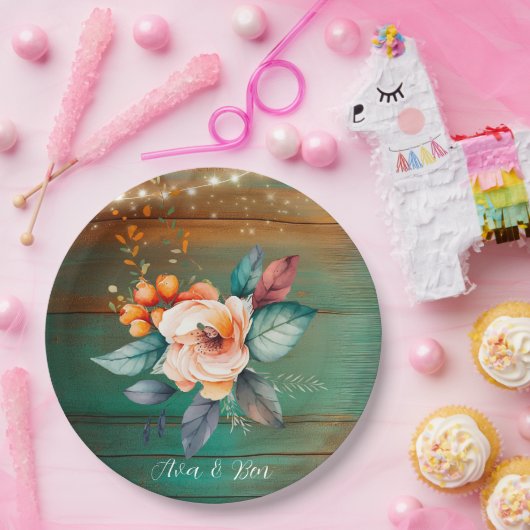 ティール（緑がかった色）と銅木材フローラライト結婚ズ ペーパープレート (パーティー)