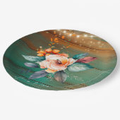 ティール（緑がかった色）と銅木材フローラライト結婚ズ ペーパープレート (アングル)