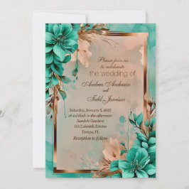 ティール（緑がかった色）と銅結婚の花 招待状