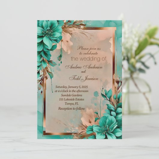 ティール(緑がかった色)と銅結婚の花 招待状 (スタンド正面)