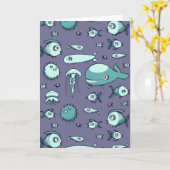 ティール（緑がかった色）と青い魚のスケッチグリーティ空白のングカード カード (黄色い花)