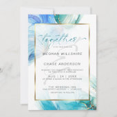 ティール(緑がかった色)と青のマルブリードアルコールインクスプラッシュInvitati 招待状 (正面)