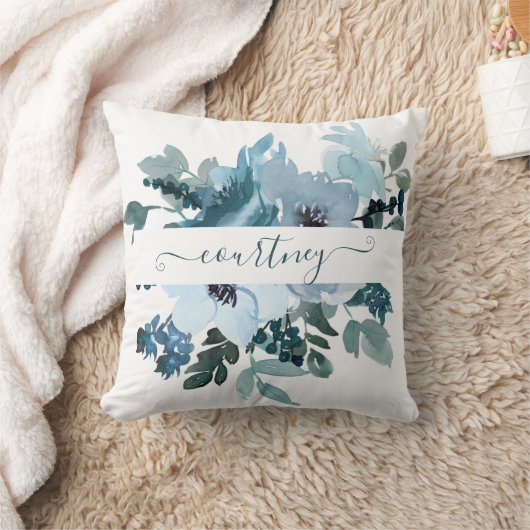 ティール（緑がかった色）と青の水色フローラ パーソナライズされた クッション (ブランケット)