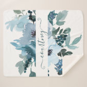 ティール（緑がかった色）と青の水色フローラ パーソナライズされた シェルパブランケット (正面(横))