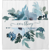 ティール（緑がかった色）と青の水色フローラ パーソナライズされた シャワーカーテン (正面)