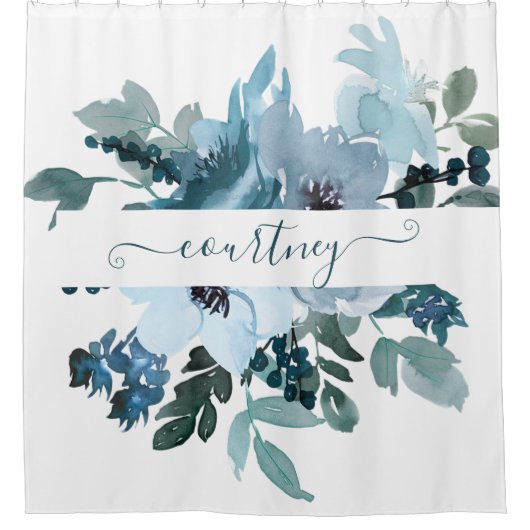 ティール（緑がかった色）と青の水色フローラ パーソナライズされた シャワーカーテン (正面)