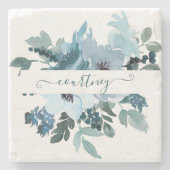 ティール（緑がかった色）と青の水色フローラ パーソナライズされた ストーンコースター (正面)