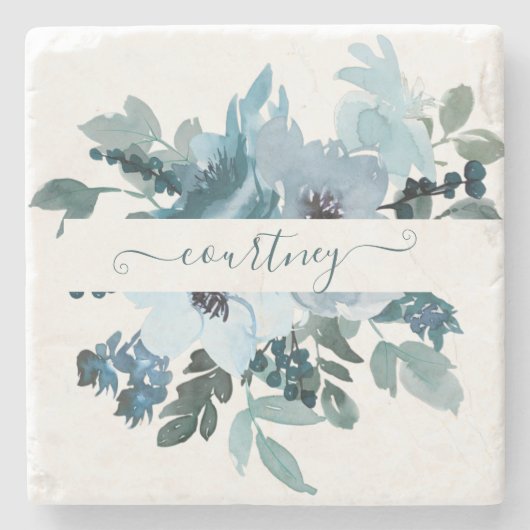 ティール（緑がかった色）と青の水色フローラ パーソナライズされた ストーンコースター (正面)
