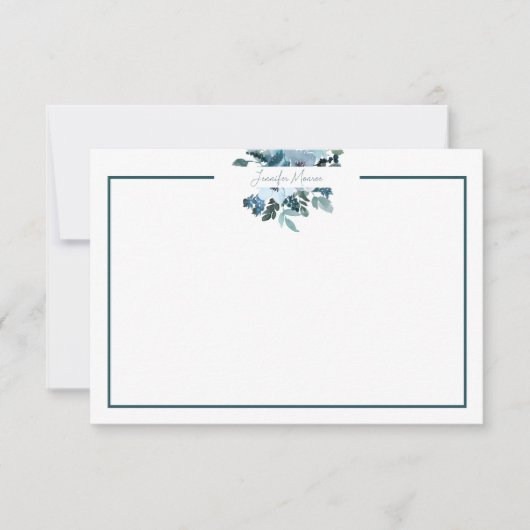 ティール（緑がかった色）と青の水色フローラ パーソナライズされた ノートカード (正面)