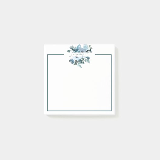ティール(緑がかった色)と青の水色フローラ パーソナライズされた ポストイット (正面)