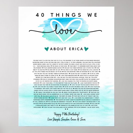 ティール(緑がかった色)と青の水色40私たちはあなたを愛する理由 ポスター (正面)