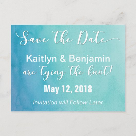 ティール(緑がかった色)と青グラデーション水色日付を保存 案内ポストカード (正面)