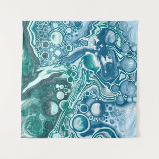 ティール（緑がかった色）と青ターコイズの水波 タペストリー (正面(横))