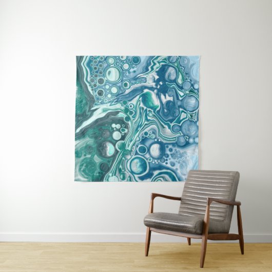 ティール（緑がかった色）と青ターコイズの水波 タペストリー (インサイチュ(横))