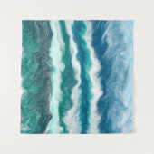 ティール（緑がかった色）と青ターコイズ水海波 タペストリー (正面(横))