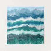 ティール（緑がかった色）と青ターコイズ水海波 タペストリー (正面)