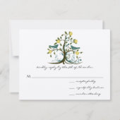 ティール(緑がかった色)と黄色お洒落旋回ツリーウェディングRSVP 出欠カード (正面)