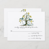 ティール(緑がかった色)と黄色お洒落旋回ツリーウェディングRSVP 出欠カード (正面/裏面)