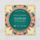 ティール(緑がかった色)と黄色の幾何学曼荼羅可愛い正方形 スクエア名刺 (裏面)