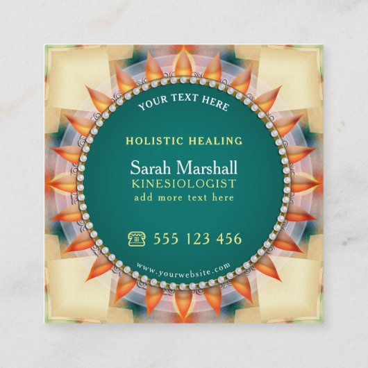 ティール(緑がかった色)と黄色の幾何学曼荼羅可愛い正方形 スクエア名刺 (裏面)