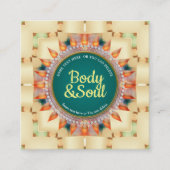 ティール(緑がかった色)と黄色の幾何学曼荼羅可愛い正方形 スクエア名刺 (正面)