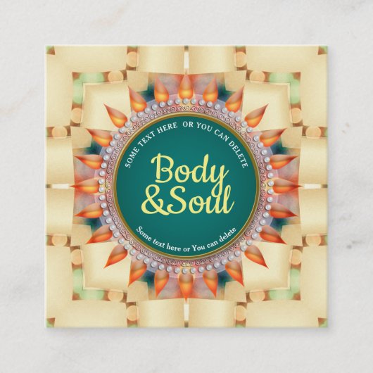 ティール(緑がかった色)と黄色の幾何学曼荼羅可愛い正方形 スクエア名刺 (正面)