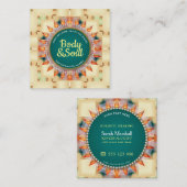 ティール(緑がかった色)と黄色の幾何学曼荼羅可愛い正方形 スクエア名刺 (正面/裏面)