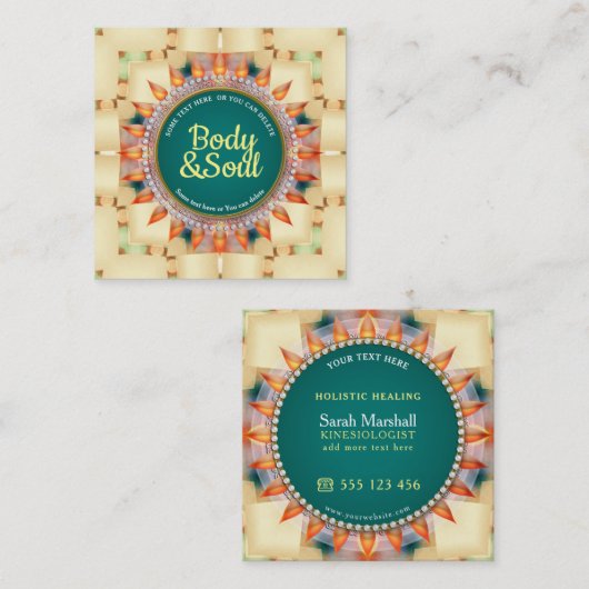 ティール(緑がかった色)と黄色の幾何学曼荼羅可愛い正方形 スクエア名刺 (正面/裏面)