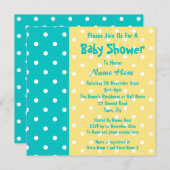 ティール（緑がかった色）と黄色の水玉模様、カスタムのベビーシャワー 招待状 (正面/裏面)