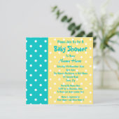 ティール（緑がかった色）と黄色の水玉模様、カスタムのベビーシャワー 招待状 (スタンド正面)