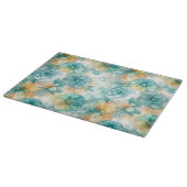 ティール(緑がかった色)と黄色の花アルコールインクイラストレーション カッティングボード (角)