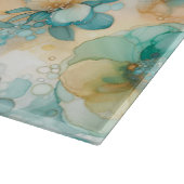 ティール(緑がかった色)と黄色の花アルコールインクイラストレーション カッティングボード (角)